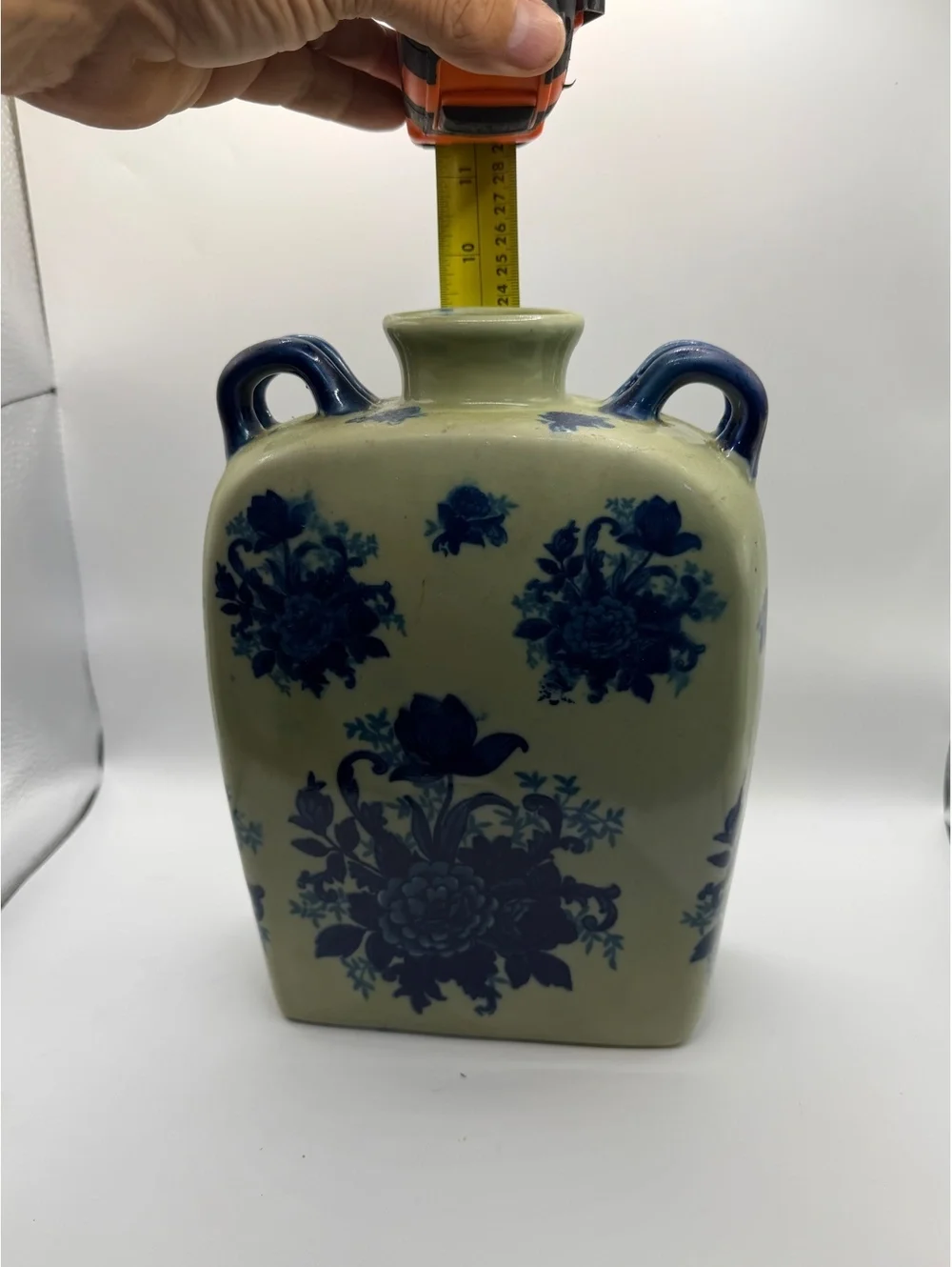 Vintage Ceramic Vase with Blue Floral Design and Dual Handles